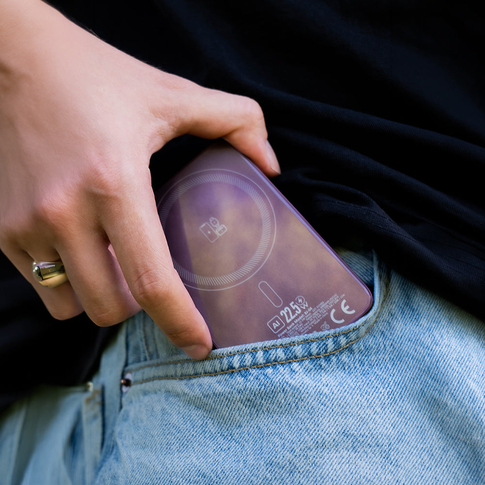 Bezdrôtová externá batéria Blavec BJ-04 Slim, 10000 mAh, 22,5 W, PD + FQI, 1 × QI – 1 × USB-C, fialová