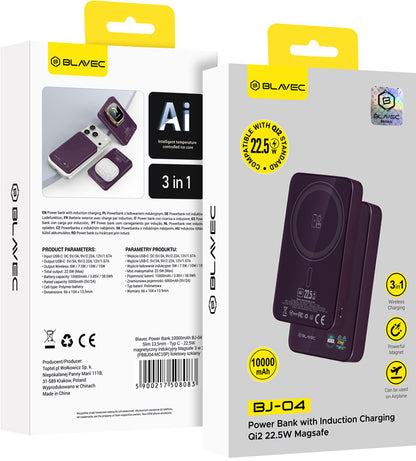 Bezdrôtová externá batéria Blavec BJ-04 Slim, 10000 mAh, 22,5 W, PD + FQI, 1 × QI – 1 × USB-C, fialová