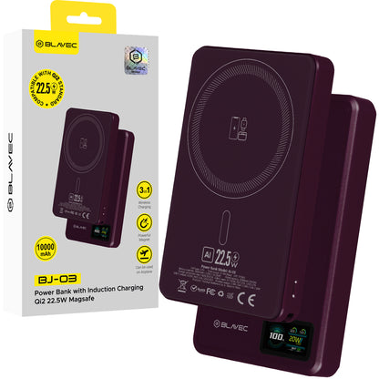 Bezdrôtová powerbanka Blavec BJ-03 Slim, 10000 mAh, 22,5 W, PD + FQI, 1 × QI – 1 × USB-C, fialová