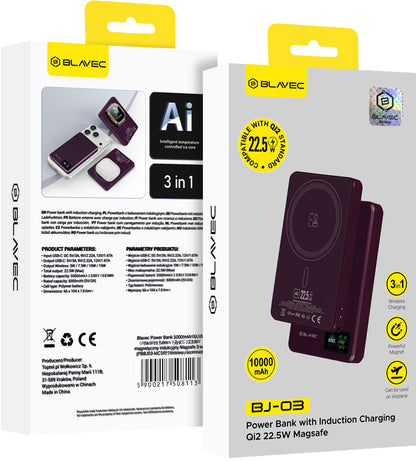 Bezdrôtová powerbanka Blavec BJ-03 Slim, 10000 mAh, 22,5 W, PD + FQI, 1 × QI – 1 × USB-C, fialová