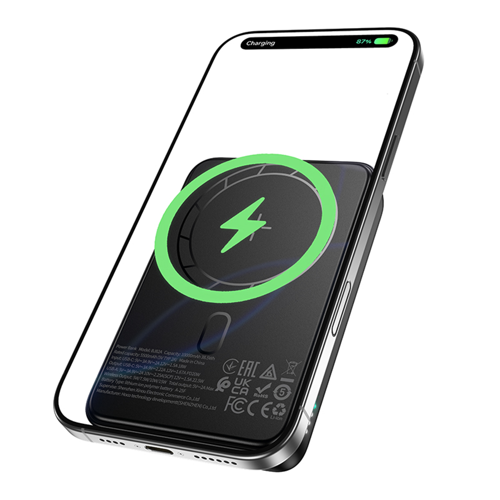 Externá bezdrôtová batéria Borofone BJ82A Dawn, 10000mAh, 22.5W, QC + PD + FQI, 1 x QI - 1 x USB-A - 1 x USB-C, Čierna