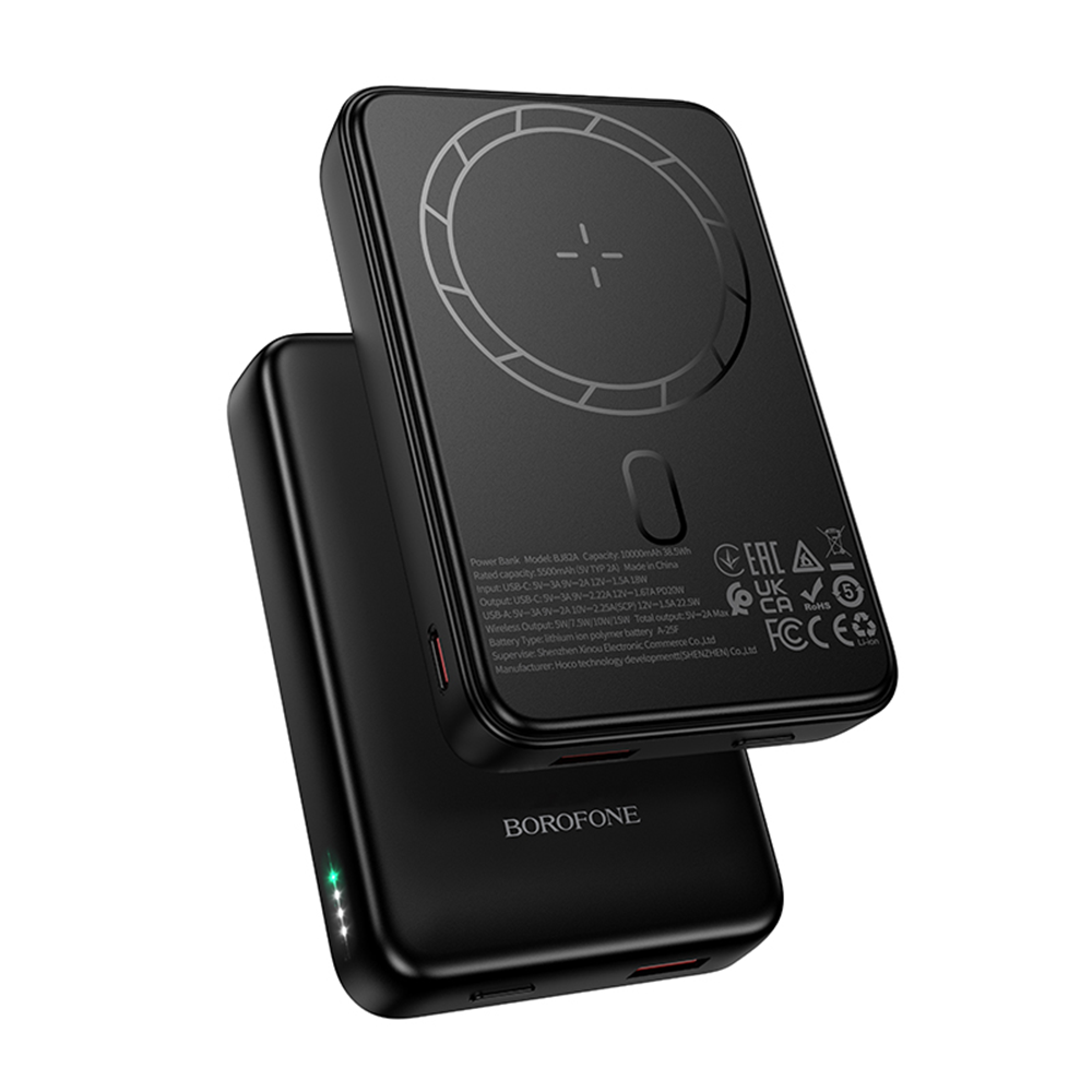 Externá bezdrôtová batéria Borofone BJ82A Dawn, 10000mAh, 22.5W, QC + PD + FQI, 1 x QI - 1 x USB-A - 1 x USB-C, Čierna