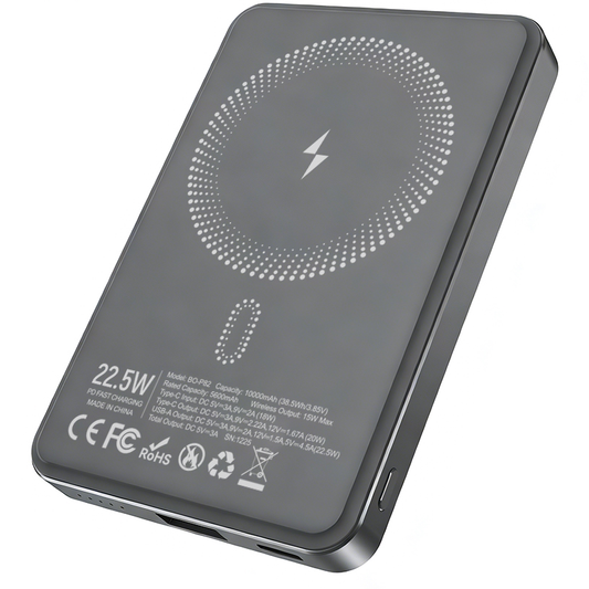 Bezdrôtová externá batéria BWOO BO-P82, 10000mAh, 22,5W, PD + FQI, 1 x QI - 1 x USB-C, sivá