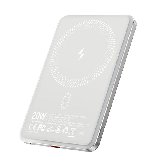 Bezdrôtová externá batéria BWOO P79, 5000mAh, 20W, PD + FQI, 1 x QI - 1 x USB-C, sivá