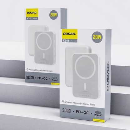 Externá bezdrôtová batéria Dudao K26s, 5000mAh, 20W, PD + FQI, 1 x QI - 1 x USB-C, Biela