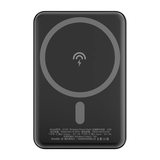 Externá bezdrôtová batéria Dudao K14S, 5000mAh, 10W, PD + QI, 1 x QI - 1 x USB-C, Čierna