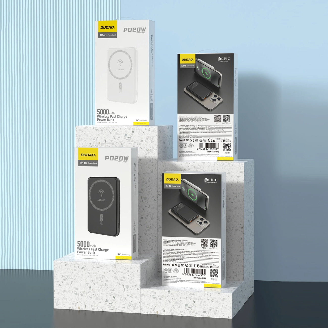 Bezdrôtová externá batéria Dudao K14S, 5000mAh, 20W, QC + PD + FQI, 1 x QI - 1 x USB-A - 1 x USB-C, biela
