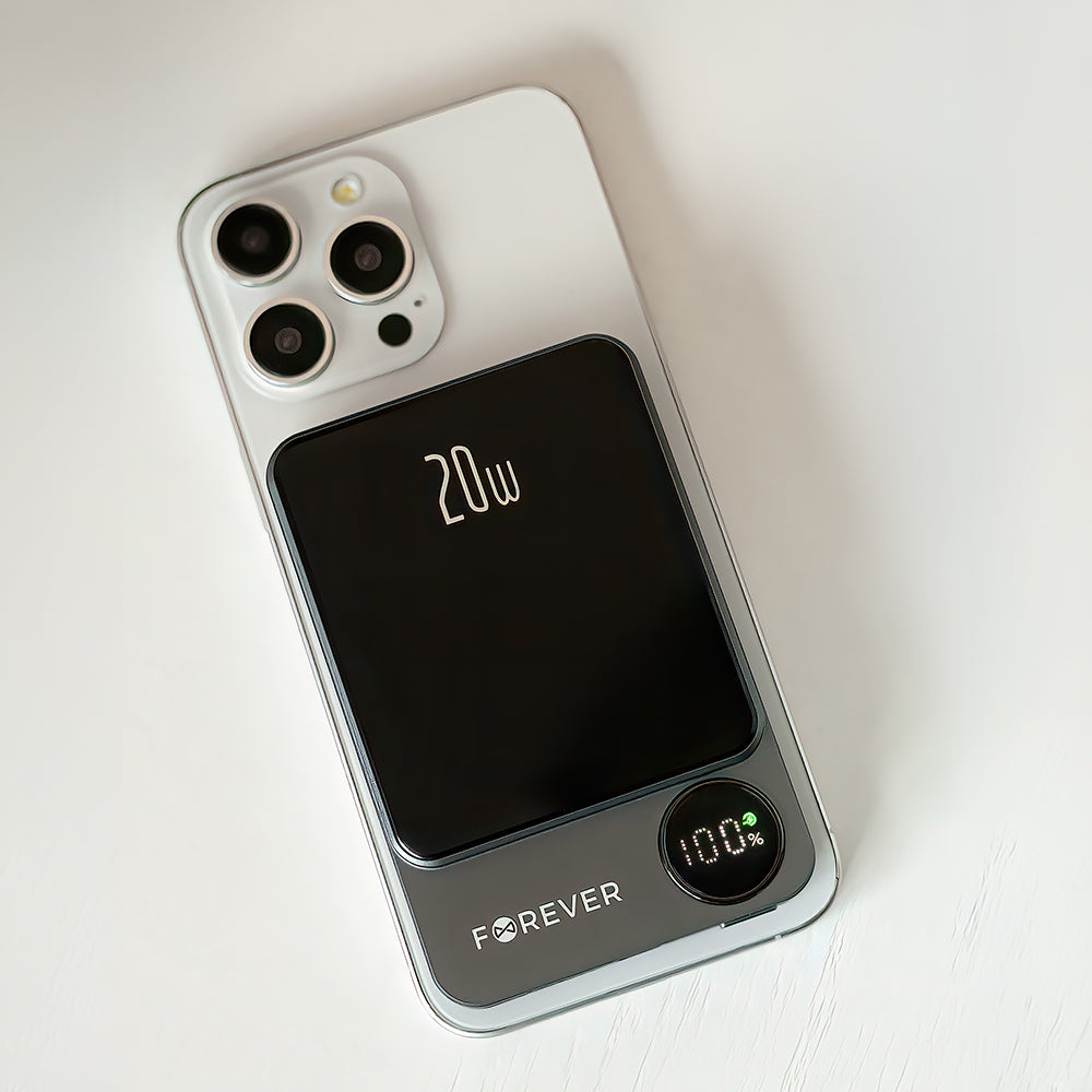 Forever MATB-200 Wireless External Battery, 5000mAh, 20W, PD + FQI, 1 x QI - 1 x USB-C, Black