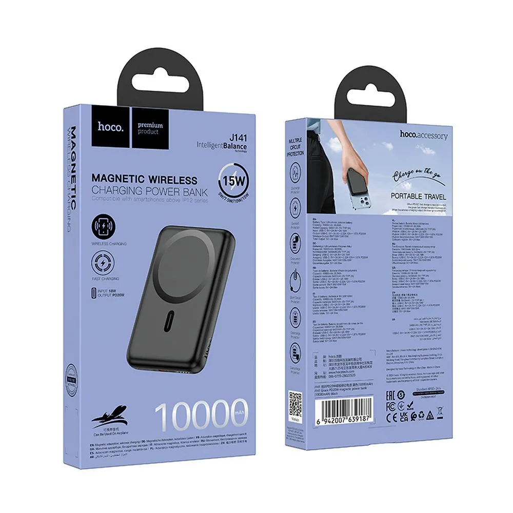 Externá bezdrôtová batéria HOCO J141, 10000mAh, 20W, PD + FQI, 1 x QI - 1 x USB-C, Čierna