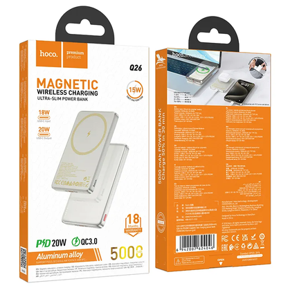 Bezdrôtová externá batéria HOCO Q26, 5000mAh, 20W, PD + FQI, 1 x QI - 1 x USB-C, Oranžová