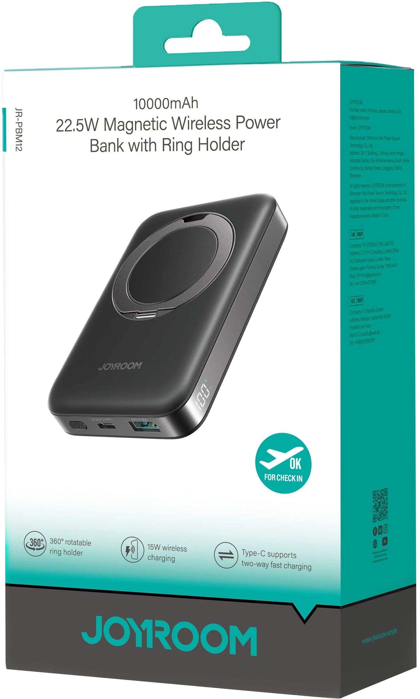 Externá bezdrôtová batéria Joyroom JR-PBM12, 10000mAh, 22.5W, QC + PD + FQI, 1 x QI - 1 x USB-A - 1 x USB-C, Čierna