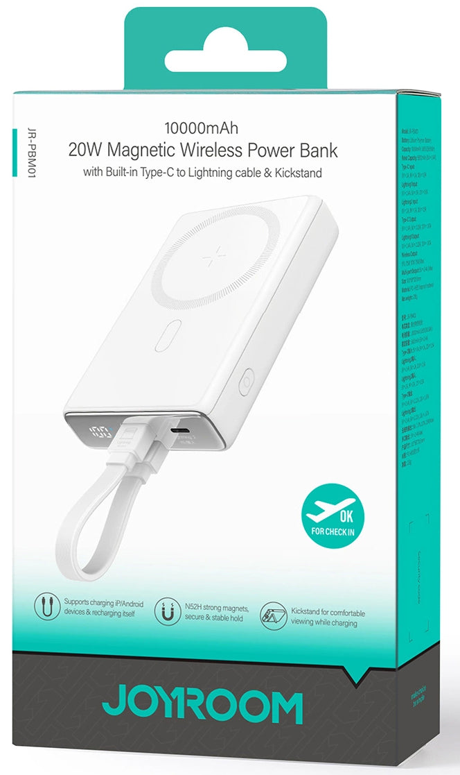 Externá bezdrôtová batéria Joyroom JR-PBM01, 10000mAh, 20W, QC + PD + FQI, 1 x Lightning - 1 x QI - 1 x USB-C, Biela