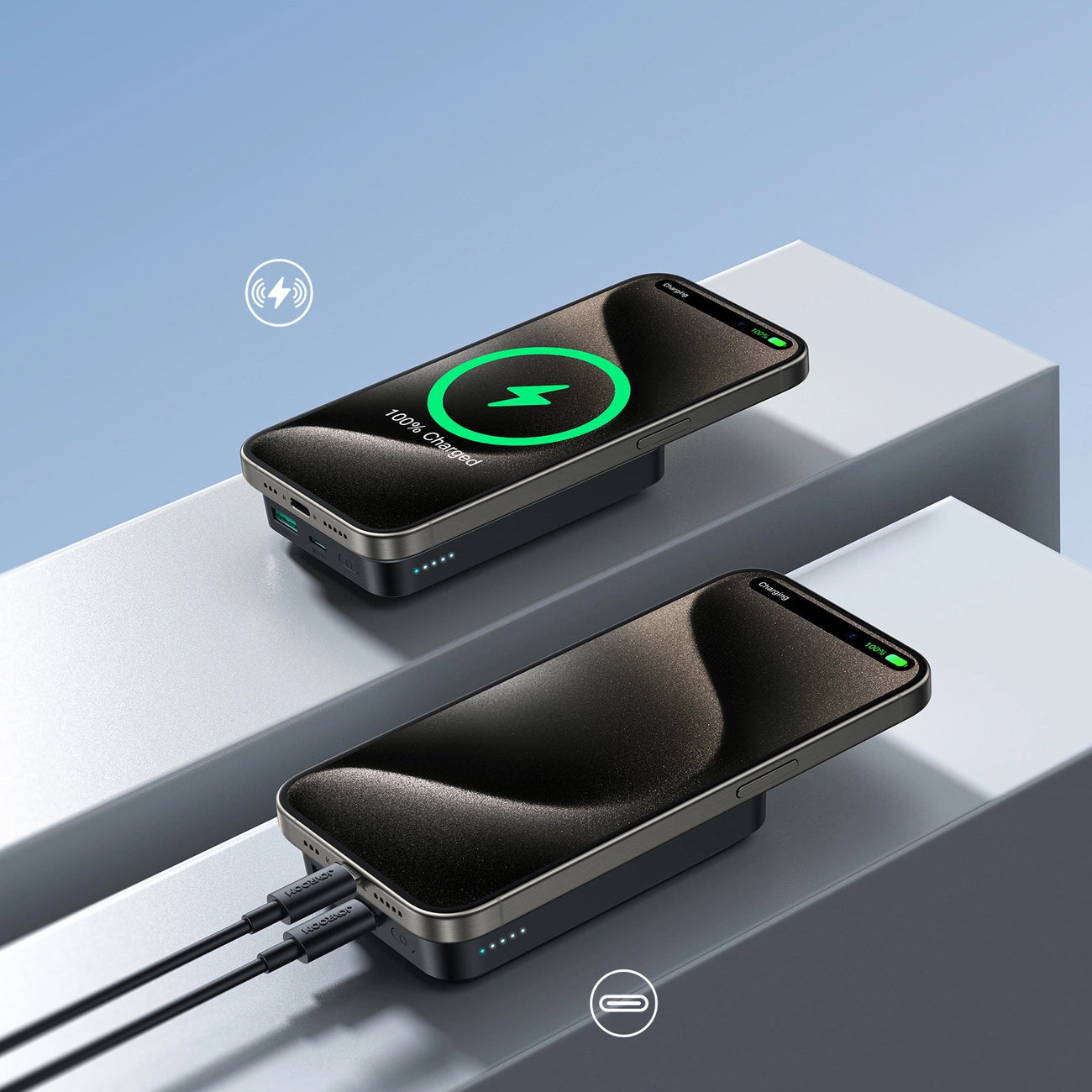 Externá bezdrôtová batéria Joyroom JR-W020, 10000mAh, 20W, QC + PD + FQI, 1 x QI - 1 x USB-A - 1 x USB-C, Čierna