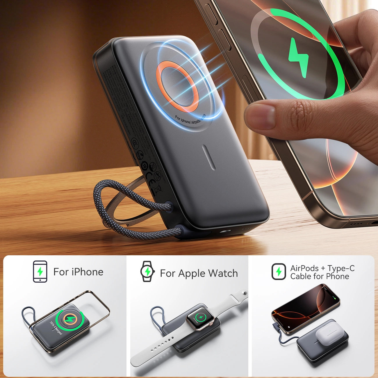 Externá bezdrôtová batéria Joyroom JR-PBM02, 10000mAh, 22.5W, PD + FQI, 1 x QI - 2 x USB-C, Čierna