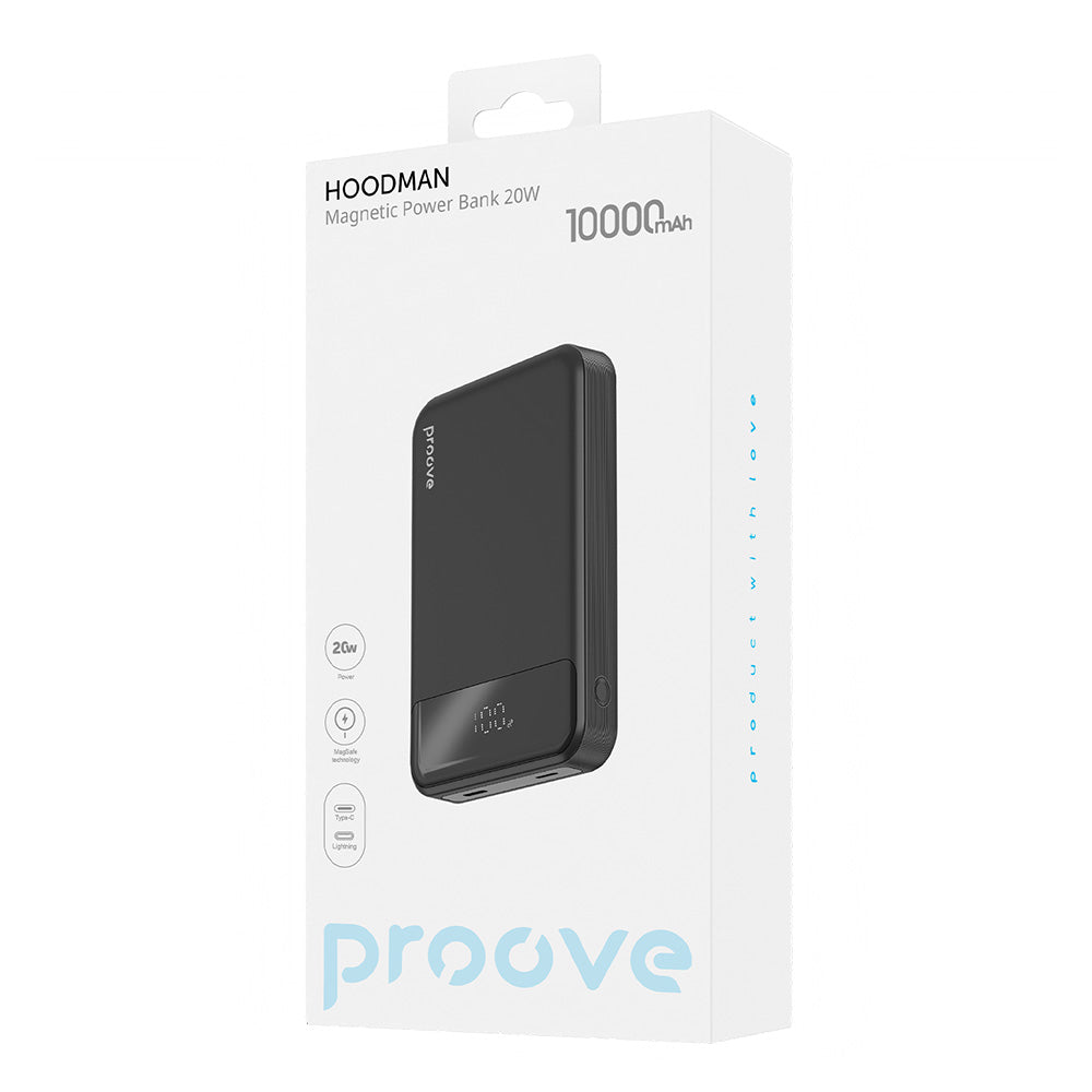 Externá bezdrôtová batéria Proove Hoodman, 10000mAh, 20W, PD + FQI, 1 x QI - 1 x USB-C, Čierna PBH120010001