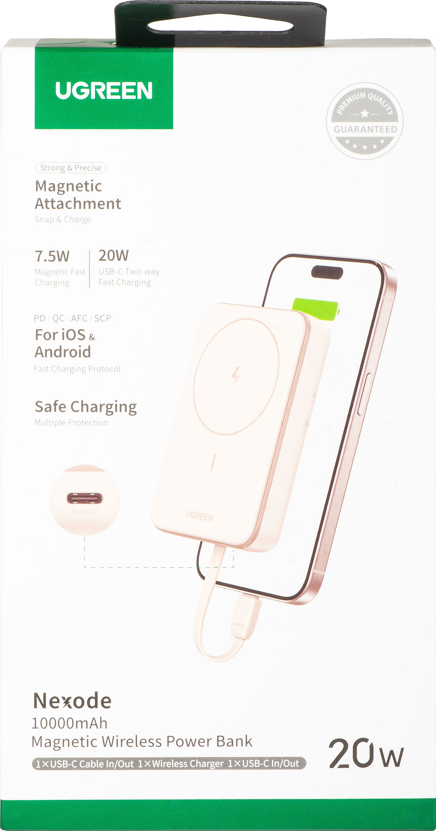 Externá bezdrôtová batéria UGREEN PB760, 10000mAh, 20W, PD + FQI, 1 x QI - 1 x USB-C, Béžová