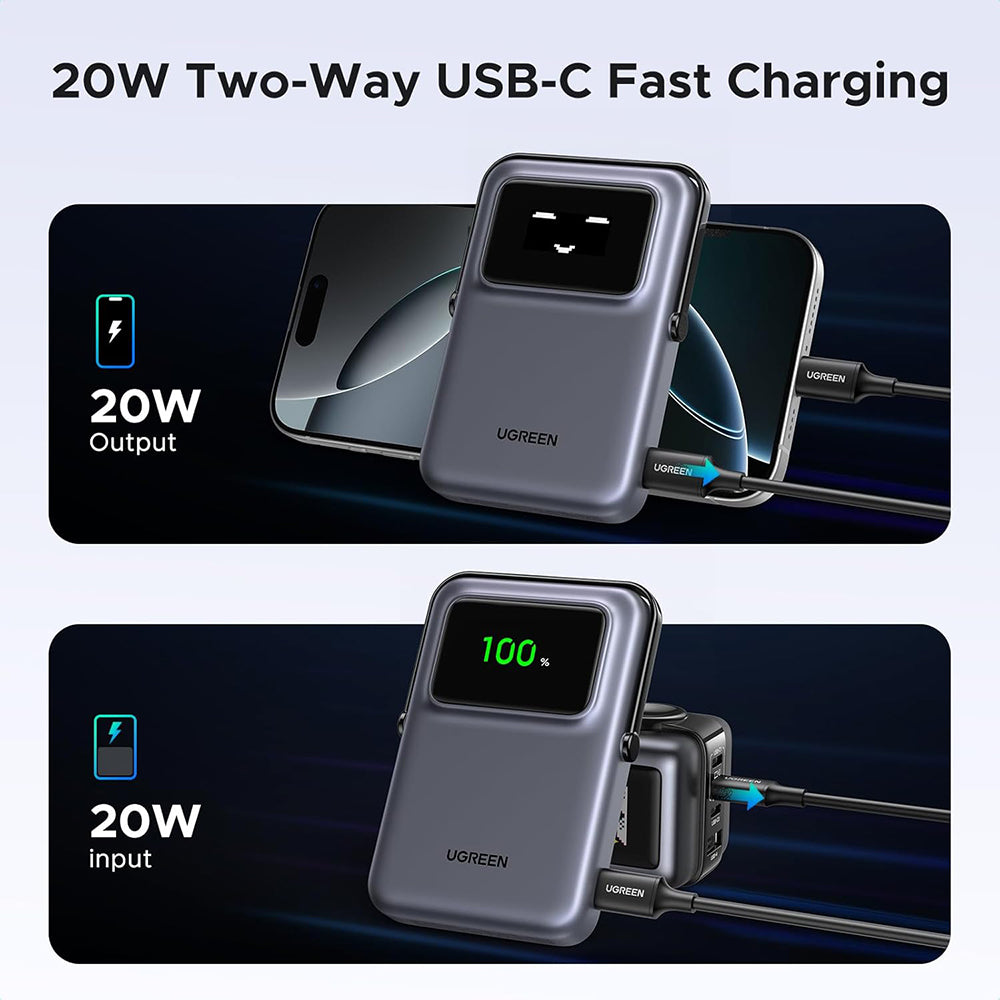 Externá bezdrôtová batéria UGREEN PB764 Uno, 10000mAh, 20W, PD + FQI, 1 x QI - 1 x USB-C, Sivá