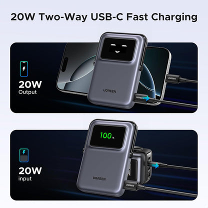 Externá bezdrôtová batéria UGREEN PB764 Uno, 10000mAh, 20W, PD + FQI, 1 x QI - 1 x USB-C, Sivá