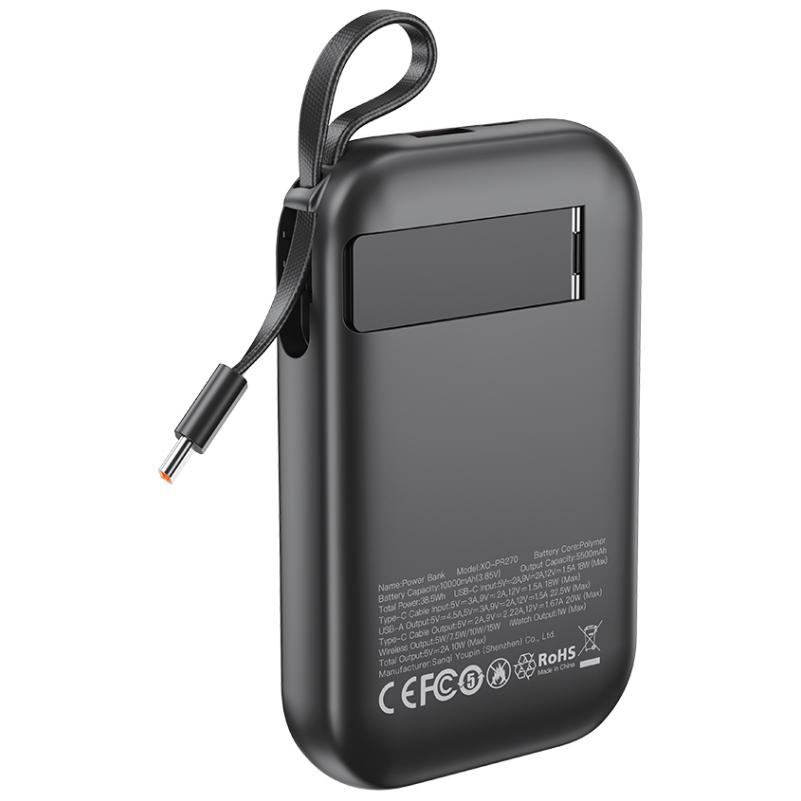 Externá bezdrôtová batéria XO Design PR270, 10000mAh, 22.5W, QC + PD + QI, 1 x QI - 1 x USB-A - 1 x USB-C, Čierna