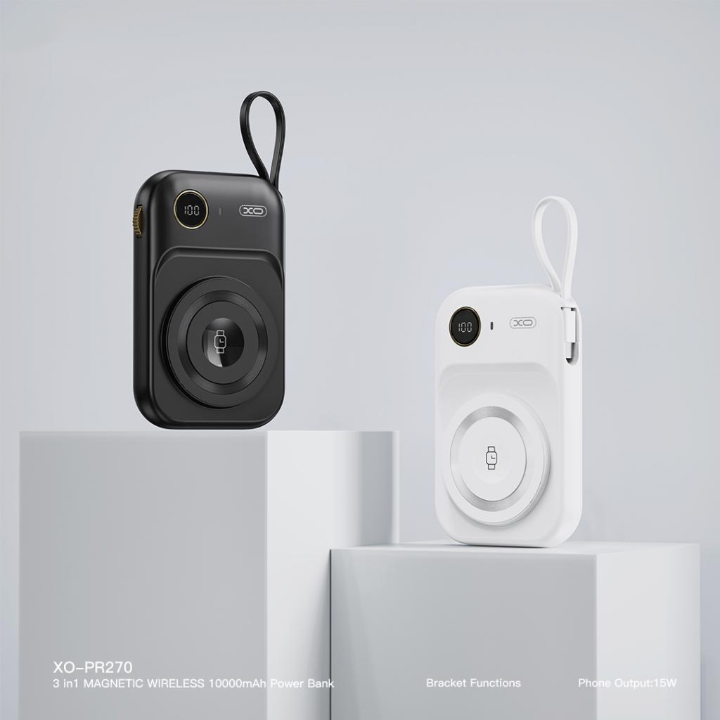 Externá bezdrôtová batéria XO Design PR270, 10000mAh, 22.5W, QC + PD + QI, 1 x QI - 1 x USB-A - 1 x USB-C, Čierna