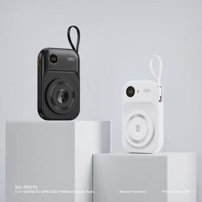 Externá bezdrôtová batéria XO Design PR270, 10000mAh, 22.5W, QC + PD + QI, 1 x QI - 1 x USB-A - 1 x USB-C, Čierna