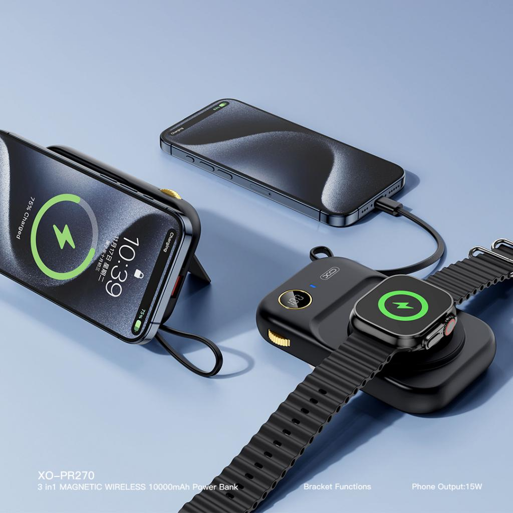 Externá bezdrôtová batéria XO Design PR270, 10000mAh, 22.5W, QC + PD + QI, 1 x QI - 1 x USB-A - 1 x USB-C, Čierna