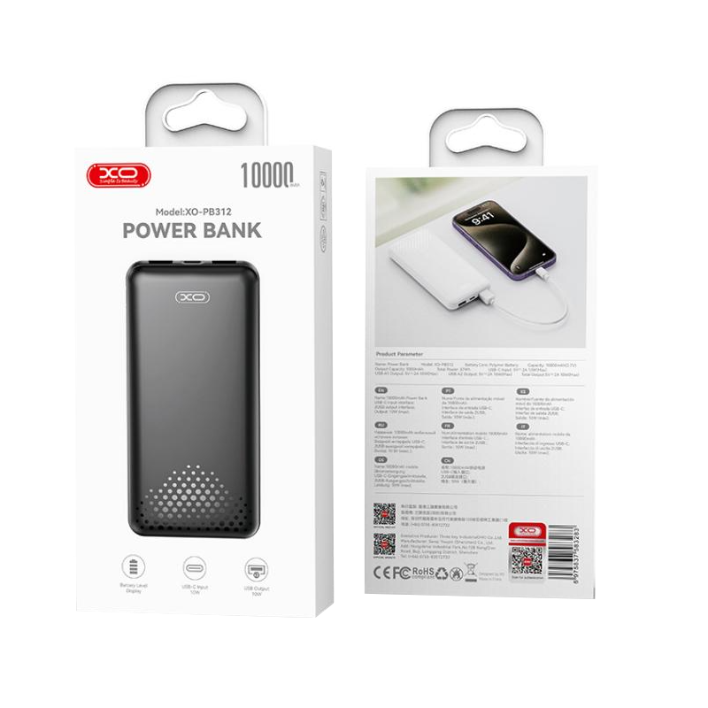 Externá batéria XO Design PB312, 10000mAh, 10W, 2 x USB-A, Čierna