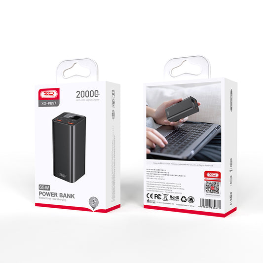 Externá batéria XO Design PB97, 20000mAh, 65W, QC + PD, 2 x USB-A - 2 x USB-C, Čierna