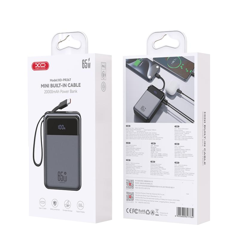 Externá batéria XO Design PR267, 20000mAh, 65W, QC + PD, 1 x USB-A - 2 x USB-C, Sivá