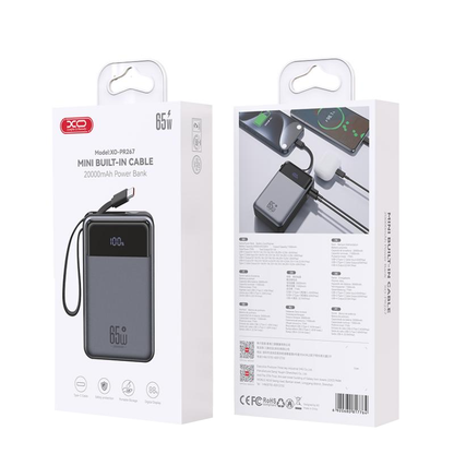 Externá batéria XO Design PR267, 20000mAh, 65W, QC + PD, 1 x USB-A - 2 x USB-C, Sivá