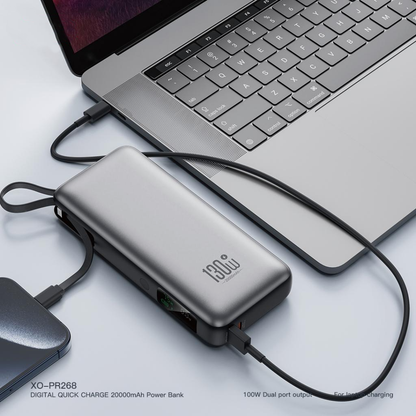 Externá batéria XO Design PR268, 20000mAh, 130W, QC + PD, 1 x USB-A - 2 x USB-C, Sivá