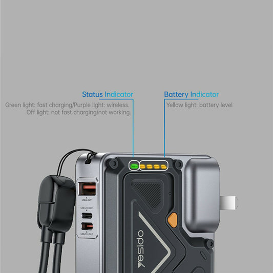 Externá batéria Yesido YP89, 10000mAh, 22.5W, QC + PD + FQI, 1 x Lightning - 1 x QI - 1 x USB-A - 1 x USB-C, Sivá