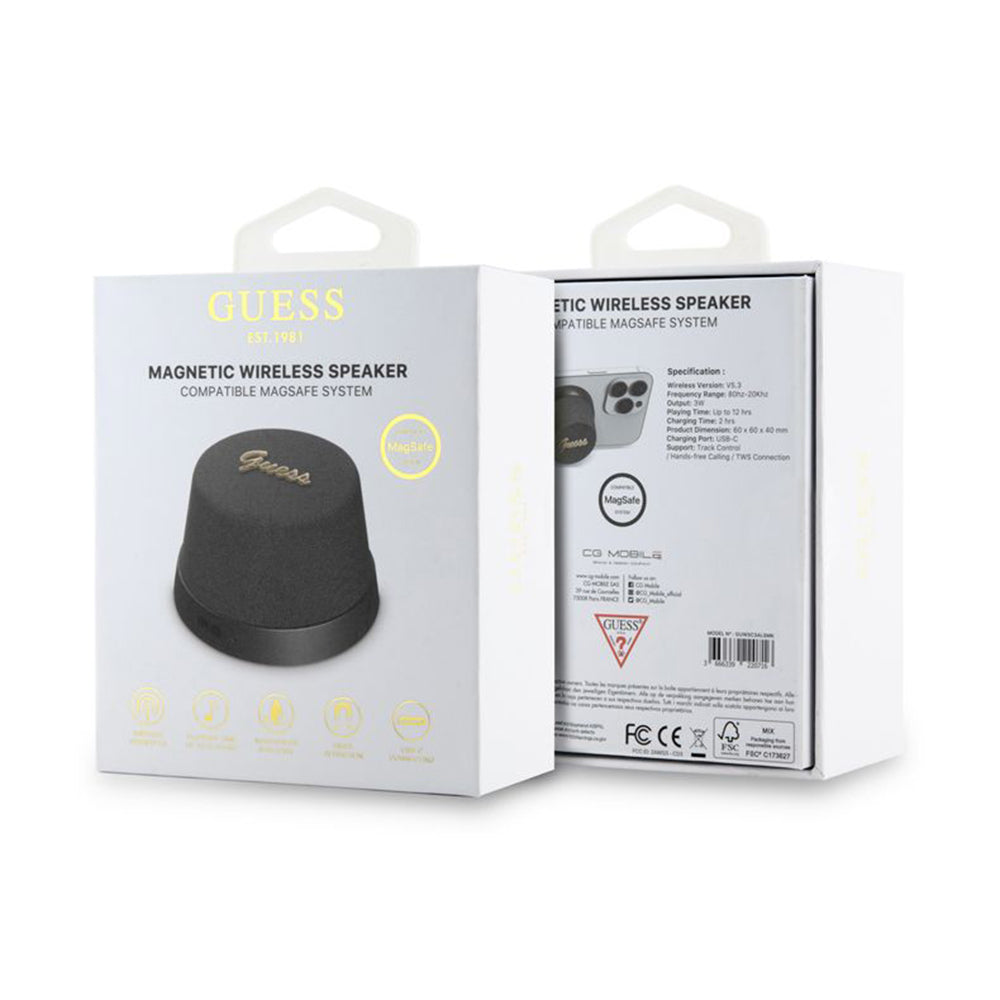 Prenosný Bluetooth reproduktor Guess Stand Magnetic Script Metal, 3W, čierny