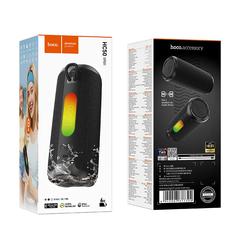 Prenosný Bluetooth reproduktor HOCO HC50, 8W, TWS, RGB, vodotesný, čierny