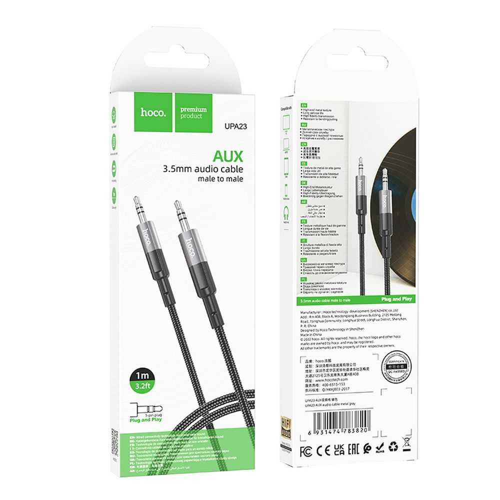 Audio kábel 3.5mm - 3.5mm HOCO UPA23, 1m, Sivý