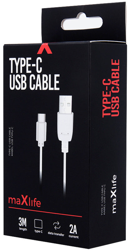 Dátový a nabíjací kábel USB-A - USB-C MaXlife, 20W, 3m, biely