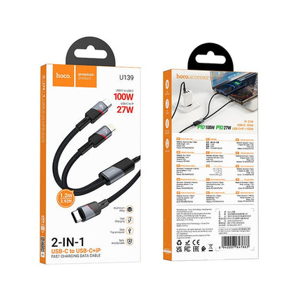 Dátový a nabíjací kábel USB-C - Lightning / USB-C HOCO U139 2v1, 100W, 1.2m, čierny