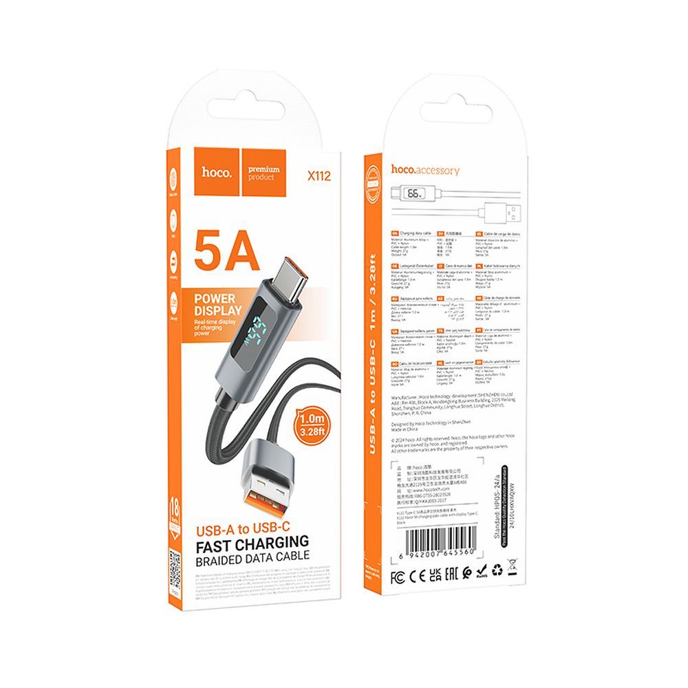 Dátový a nabíjací kábel USB-A - USB-C HOCO Display X112, 100W, 1m, čierny
