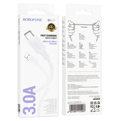 USB-A to USB-C Data and Charging Cable Borofone BX111 Feliz, 20W, 1m, White