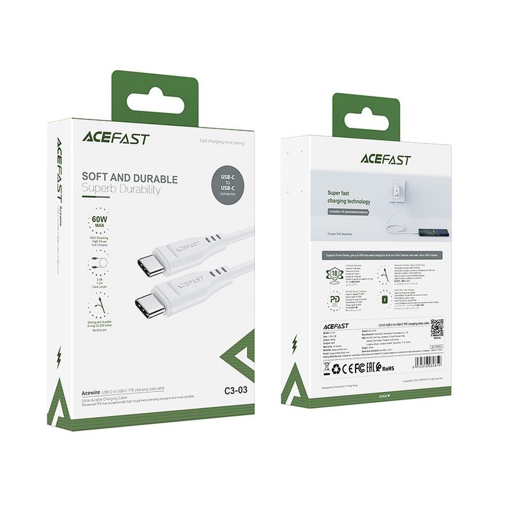 Dátový a nabíjací kábel USB-C - USB-C Acefast C3-03, 60W, 1.2m, Biela