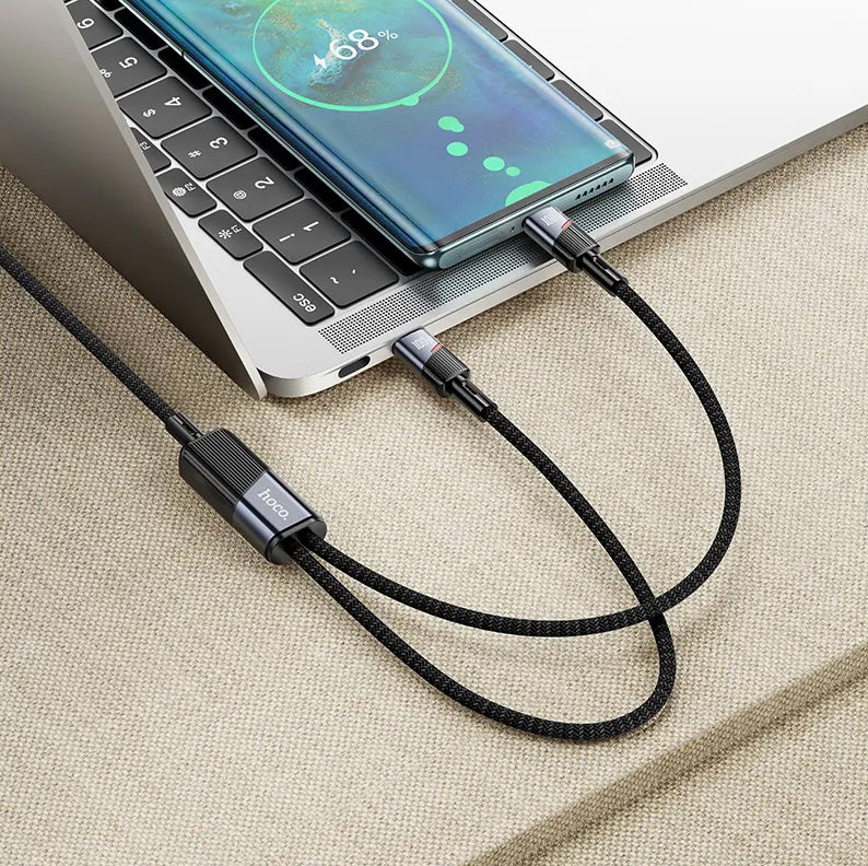 Dátový a nabíjací kábel USB-C - 2 x USB-C HOCO U139 2v1, 100W, 1,2 m, čierny