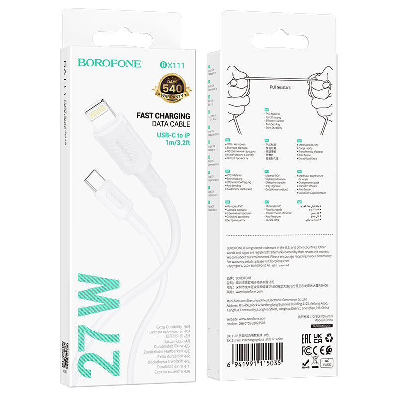 Dátový a nabíjací kábel USB-C - Lightning Borofone BX111 Feliz, 27W, 1m, Biela
