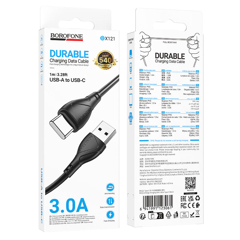 Dátový a nabíjací kábel USB-A - USB-C Borofone BX121 Energy, 18W, 1m, čierny