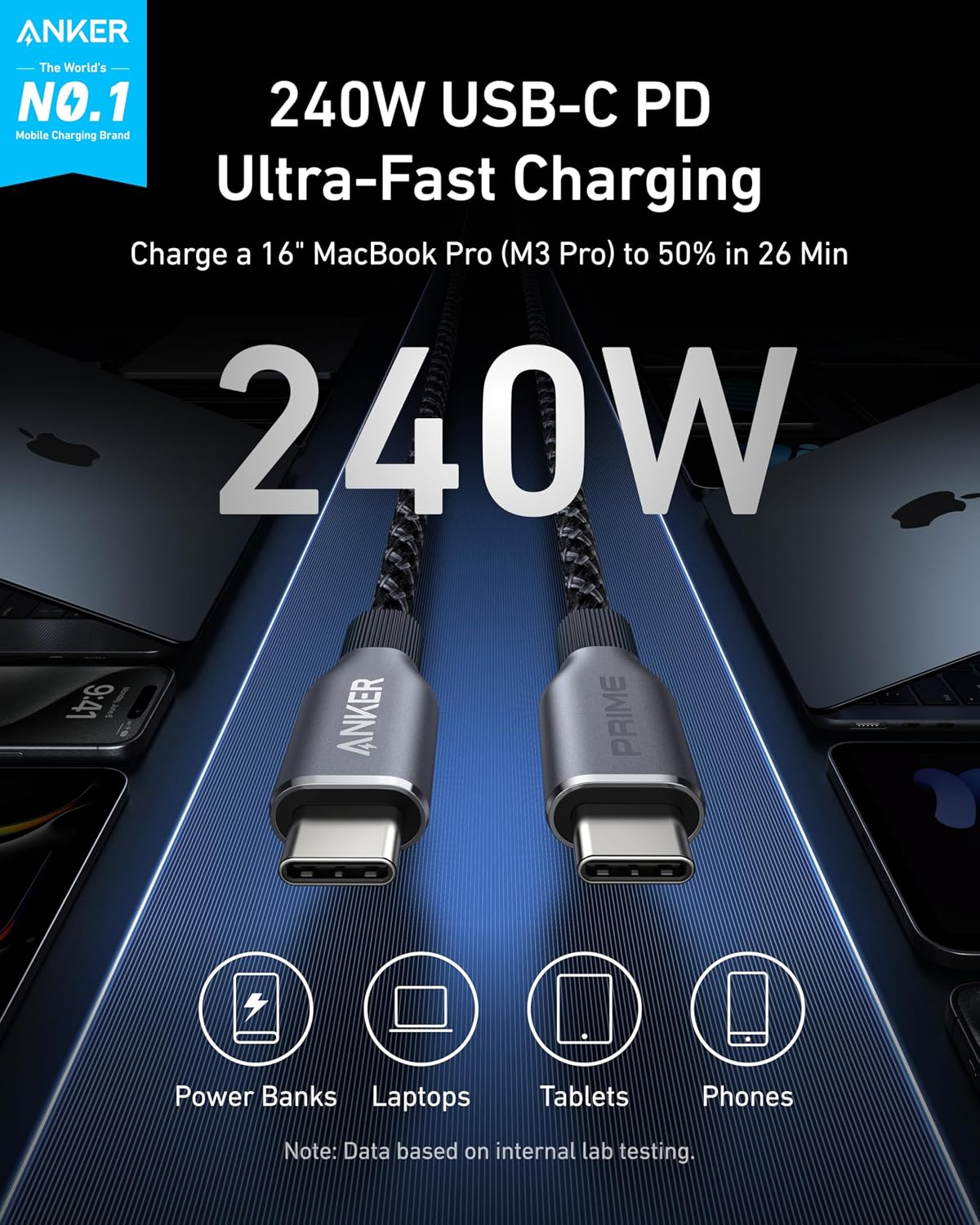Dátový a nabíjací kábel USB-C – USB-C Anker Prime, 240 W, 0,9 m, čierny A88E2011
