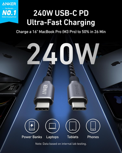 Dátový a nabíjací kábel USB-C – USB-C Anker Prime, 240 W, 0,9 m, čierny A88E2011