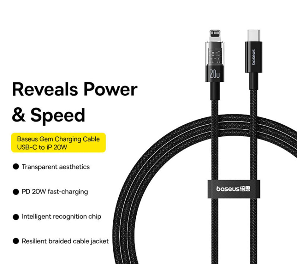 Dátový a nabíjací kábel USB-C - Lightning Baseus Gem, 20W, 1m, Čierny P10373001111-00