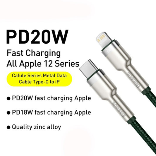 Dátový a nabíjací kábel USB-C - Lightning Baseus Cafule Metal Series, 20W, 2m, Zelený CATLJK-B06
