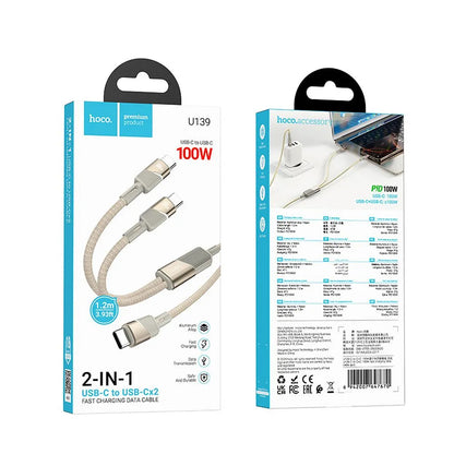 USB-C Data and Charging Cable - 2 x USB-C HOCO U139 2in1, 100W, 1.2m, Gold