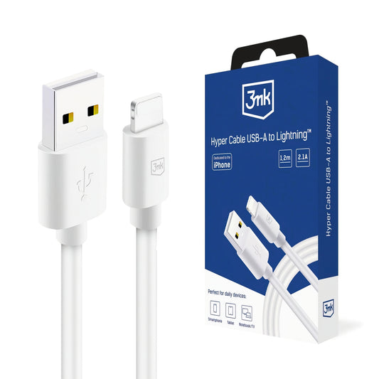 Dátový a nabíjací kábel USB-A - Lightning 3MK Hyper, 12W, 1.2m, Biela