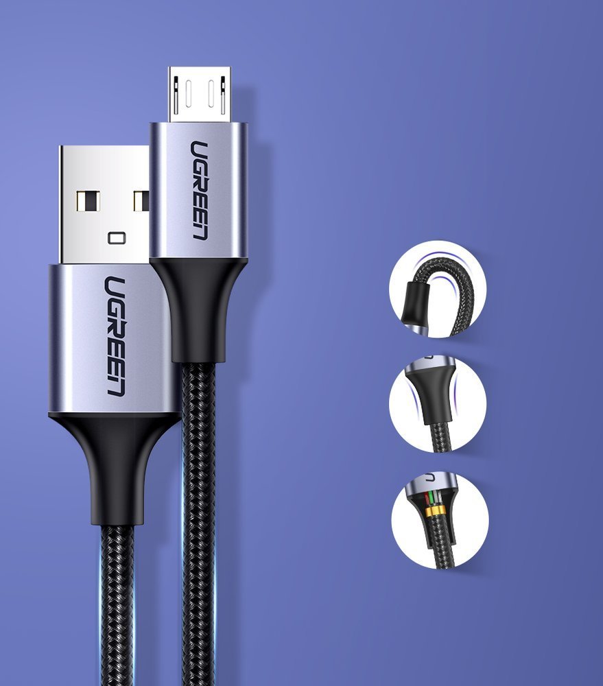 Dátový a nabíjací kábel USB-A - microUSB UGREEN US290, 18W, 2m, čierny